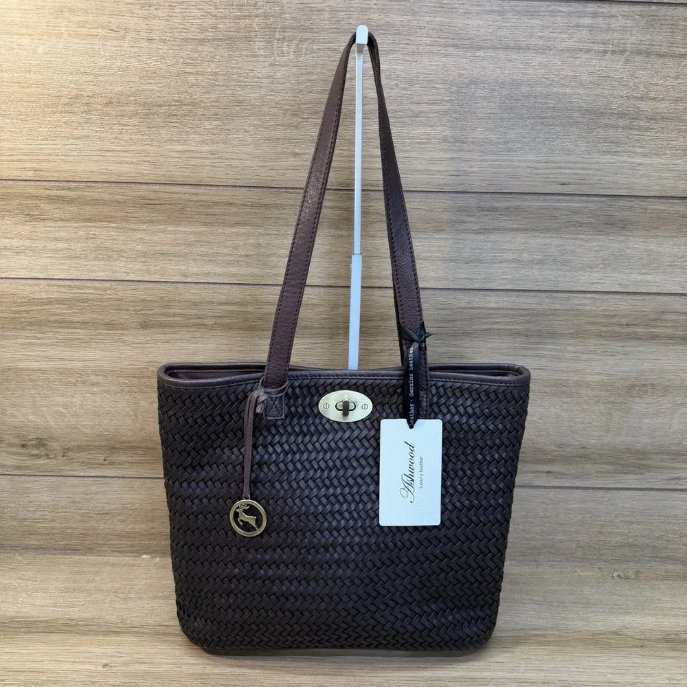 Ashwood Woven Leather Shoulder Bag Tote Chocolate Brown Gold Turnlock Boho Purse